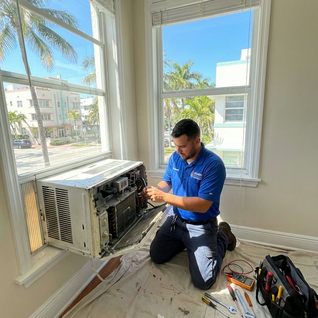 HVAC technician repairing a window air conditioning unit in Miami